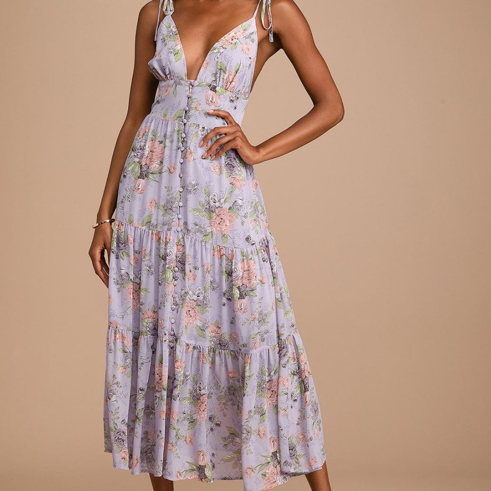 Lulu's Everlasting Sight Lavender Floral Print Tie-Strap Midi Dress